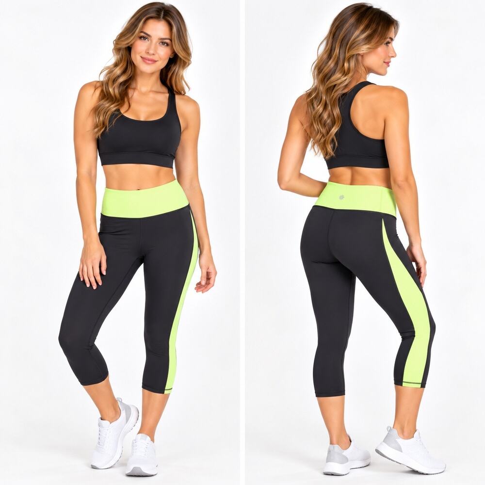 Athleta Womens Small Black Neon Green Capri Leggings Yoga Workout Activewear